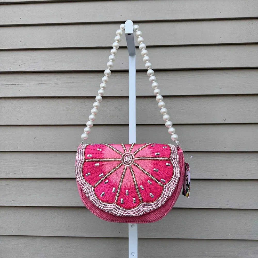 Kayu Limited Edition Pink Grapefruit Beaded Pearl Strap Shoulder Bag Novelty